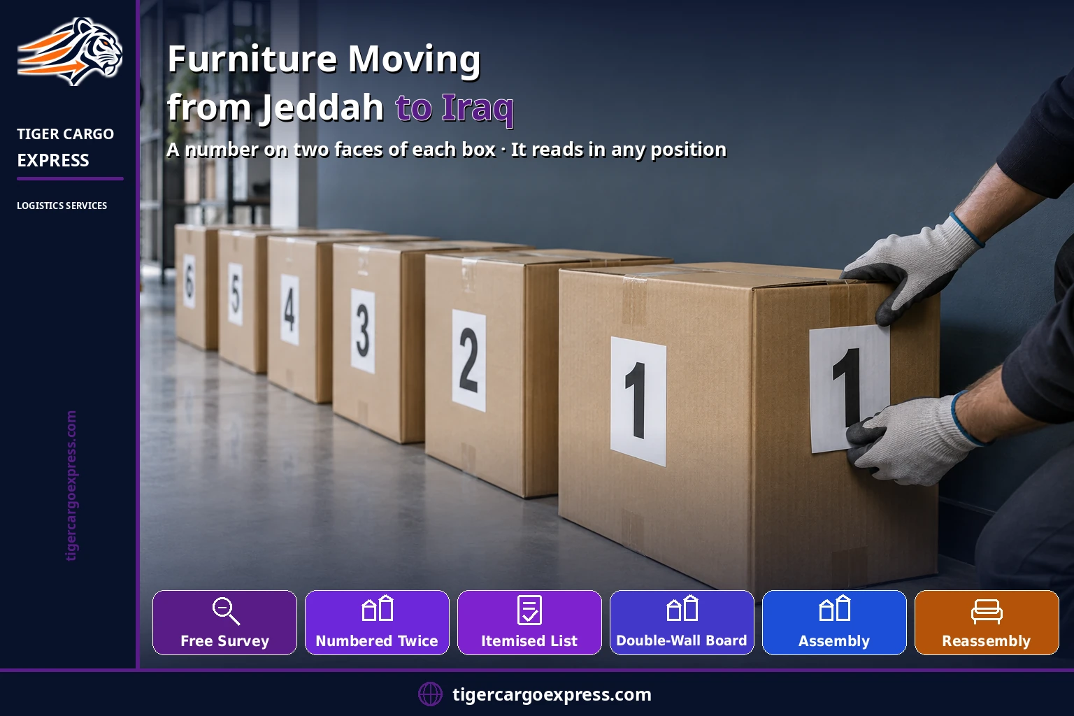 Furniture moving from Jeddah to Iraq — a number on two faces of each box