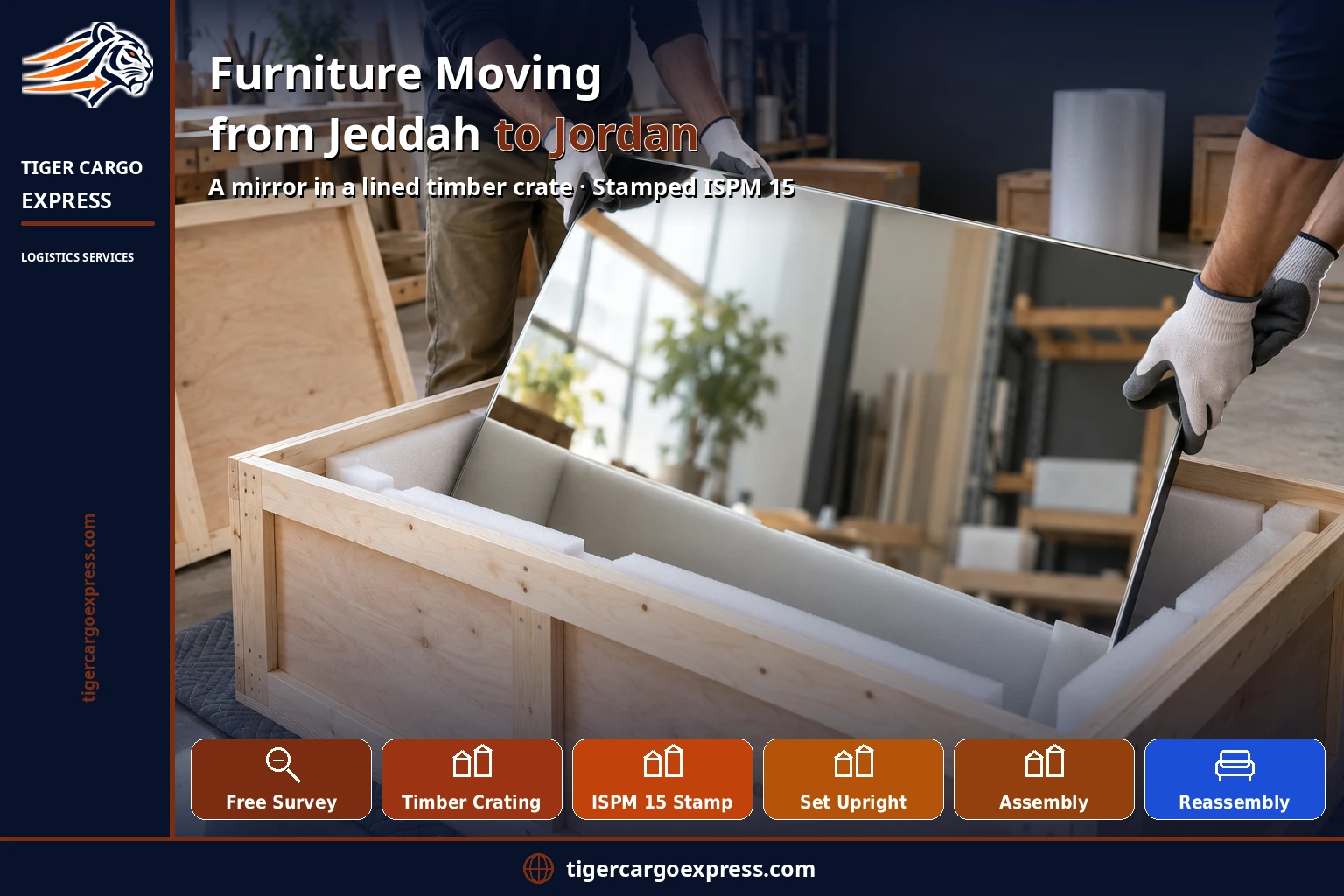 Furniture moving from Jeddah to Jordan — the mirror in a lined timber crate