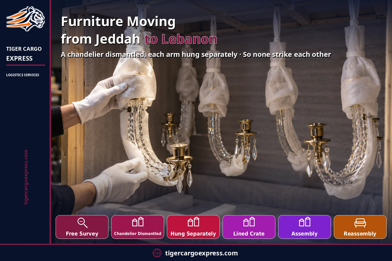 Furniture moving from Jeddah to Lebanon — the chandelier dismantled, each arm hung separately