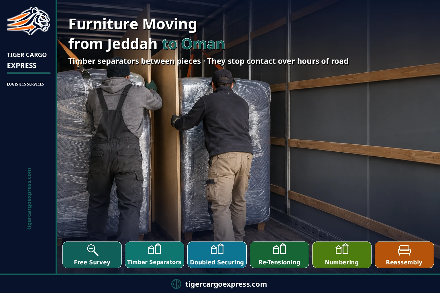 Furniture moving from Jeddah to Oman — timber separators between pieces
