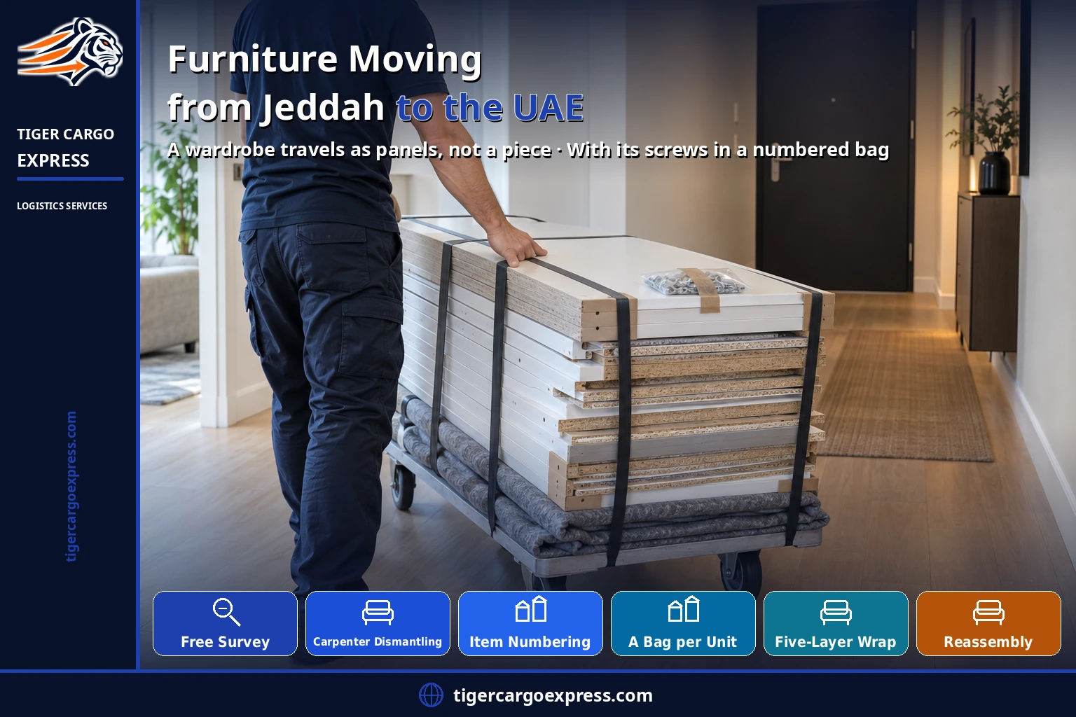 Furniture moving from Jeddah to the UAE — a wardrobe travels as panels, not a piece