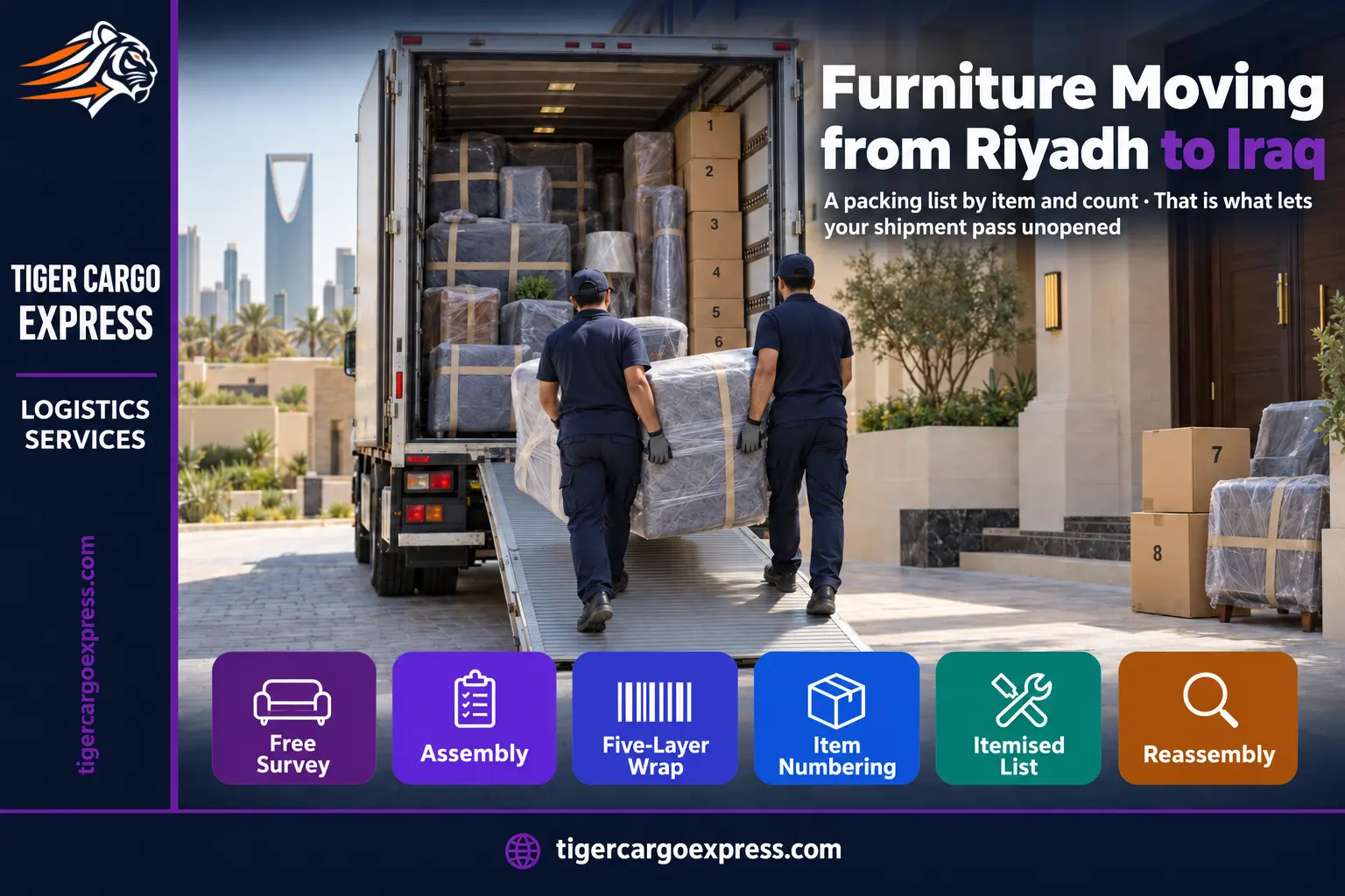 Furniture moving from Riyadh to Iraq — a packing list by item and count