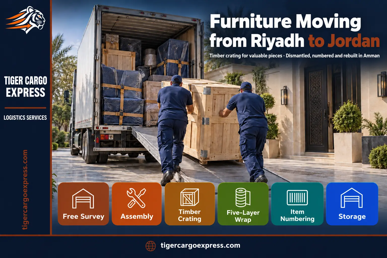 Furniture moving from Riyadh to Jordan — timber crating for valuable pieces