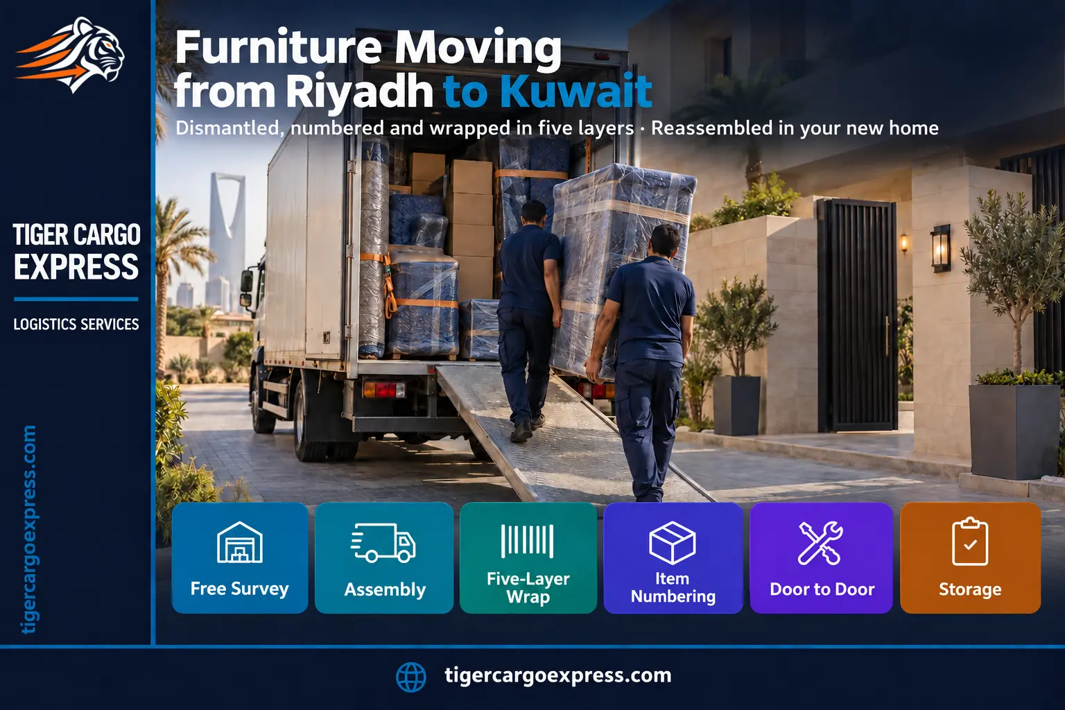 Furniture moving from Riyadh to Kuwait — loading wrapped and numbered furniture