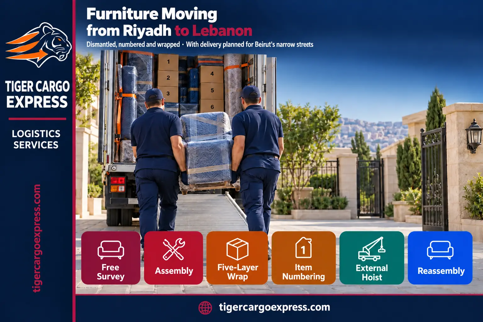 Furniture moving from Riyadh to Lebanon — dismantled, numbered and wrapped in five layers