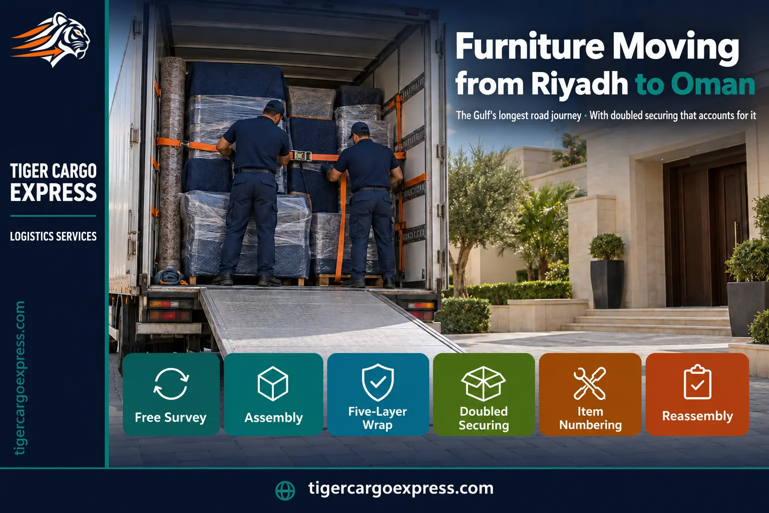 Furniture moving from Riyadh to Oman — doubled securing for the longest road journey