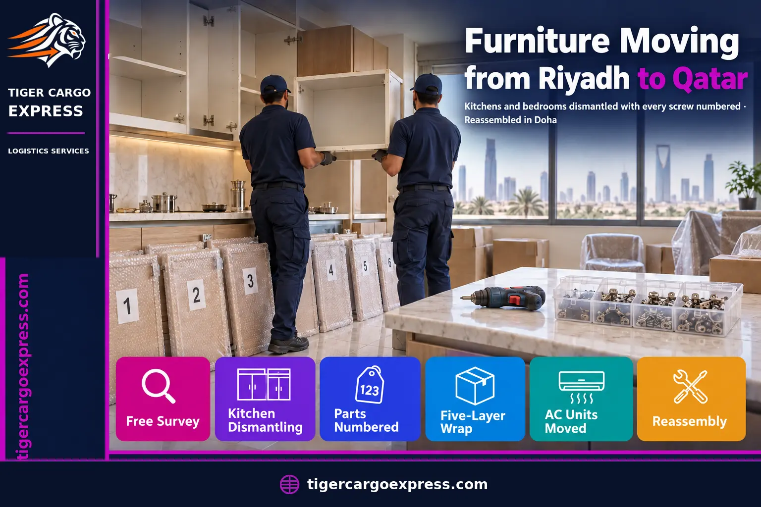Furniture moving from Riyadh to Qatar — dismantling the kitchen with every part numbered