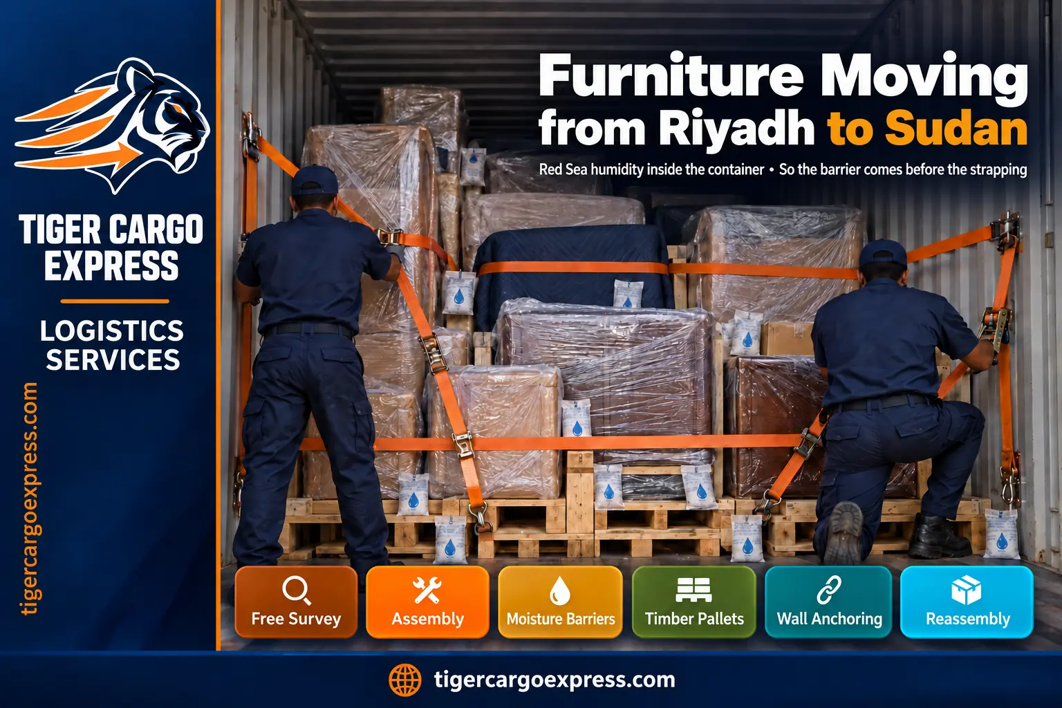 Furniture moving from Riyadh to Sudan — moisture barriers inside the container