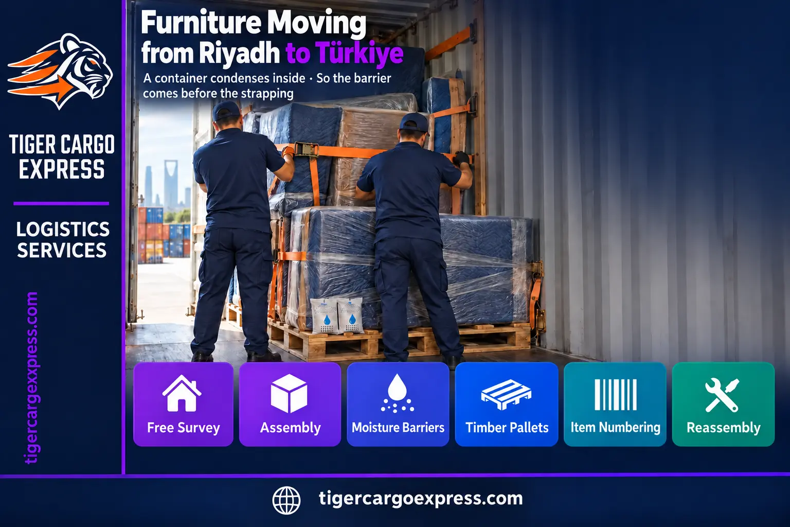 Furniture moving from Riyadh to Türkiye — loading the container with moisture barriers