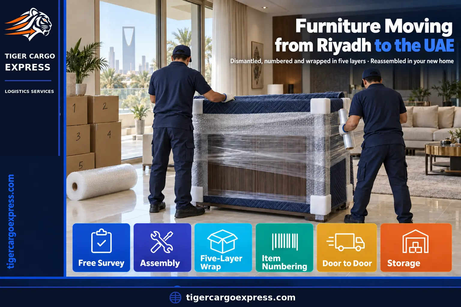 Furniture moving from Riyadh to the UAE — five-layer wrapping at the home