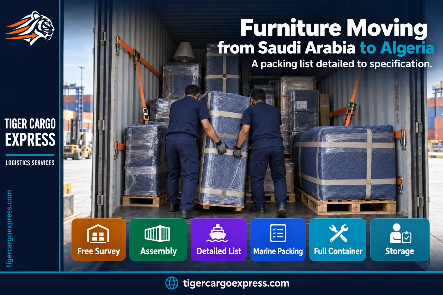 Furniture moving from Saudi Arabia to Algeria — loading and securing the container