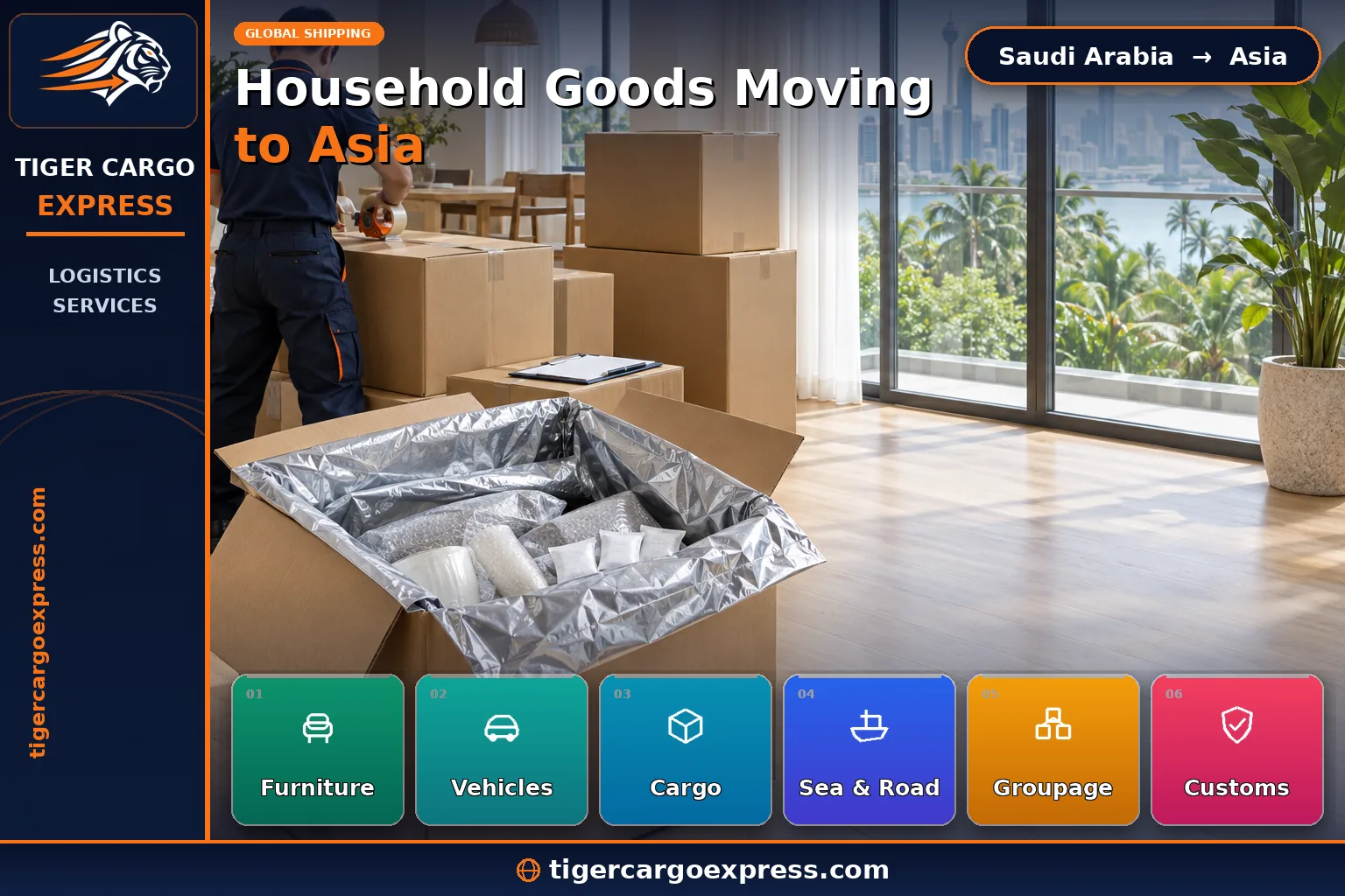 Household goods moving from Saudi Arabia to Asia with humidity-resistant packing