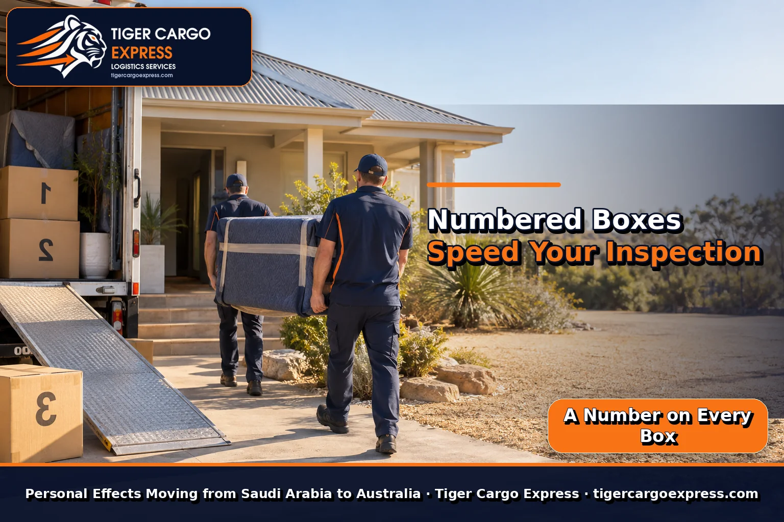 Personal effects moving from Saudi Arabia to Australia with boxes carrying large clear numbers