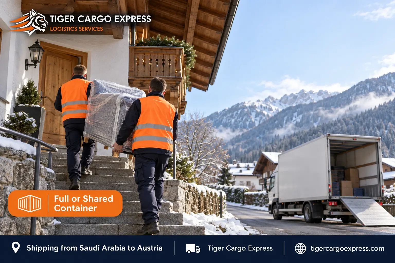 Furniture moving from Saudi Arabia to Austria with delivery to an alpine house with external steps