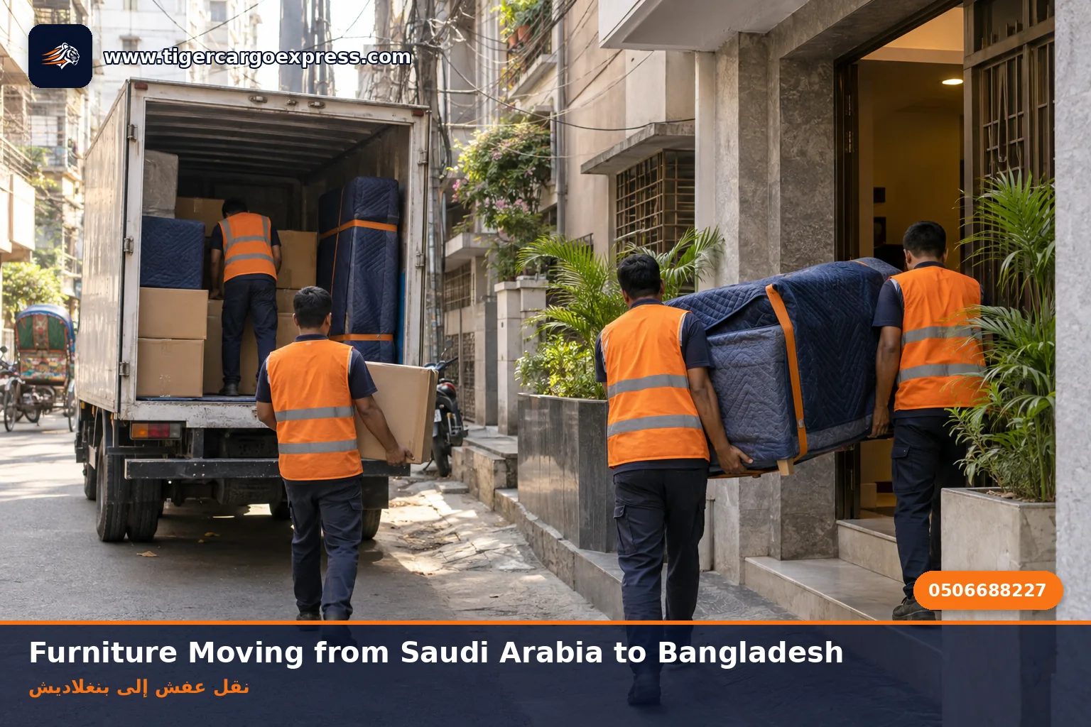 Furniture moving from Saudi Arabia to Bangladesh with boxes delivered on a residential street in Dhaka