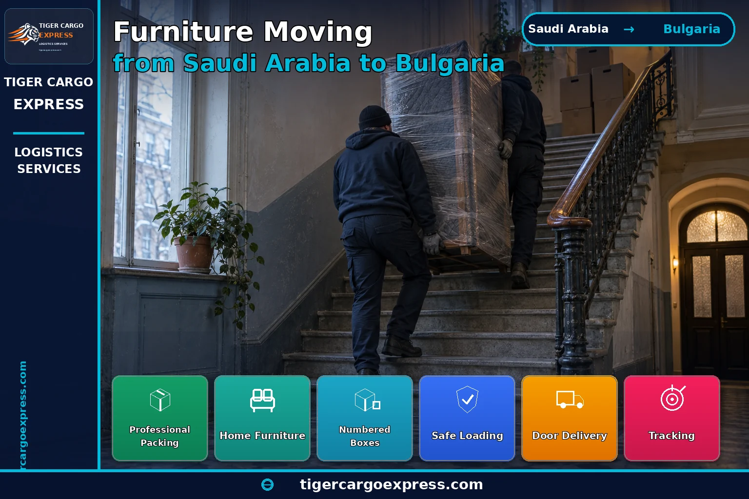 Furniture and household goods moving from Saudi Arabia to Bulgaria carried up an older building's stairwell