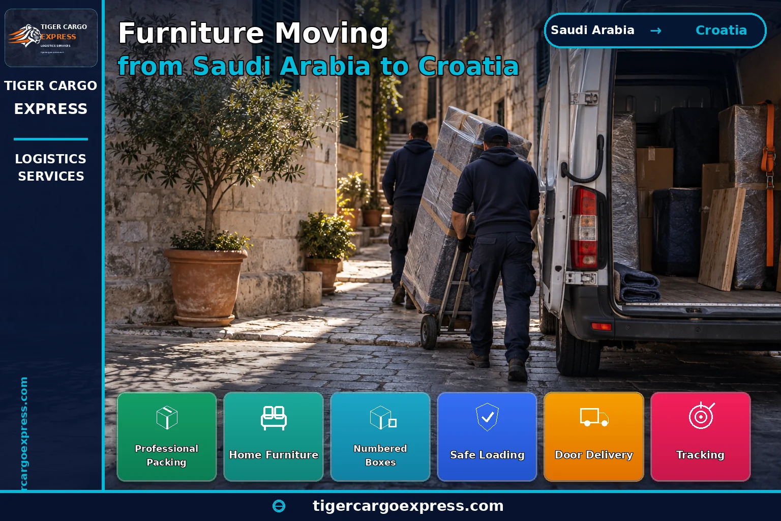 Furniture moving from Saudi Arabia to Croatia carried by hand into a narrow stone lane