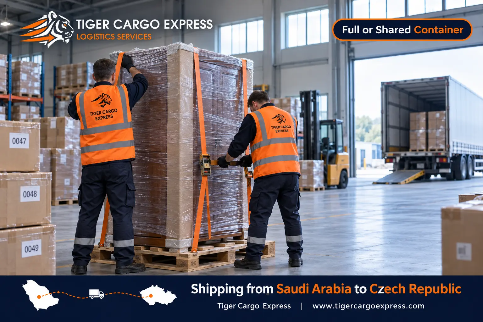 Furniture moving from Saudi Arabia to Czechia with lashing prepared for the road leg
