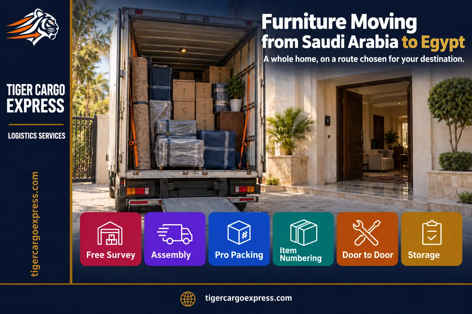 Furniture moving from Saudi Arabia to Egypt — loading into a closed trailer