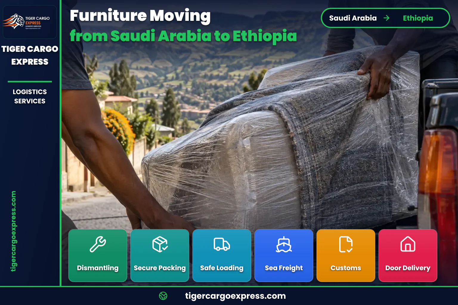 Household equipment delivery from Saudi Arabia to Ethiopia on a highland street
