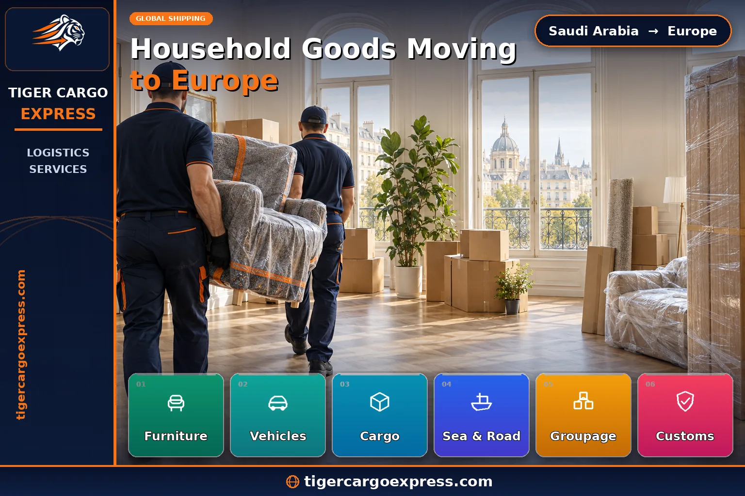 Household goods moving from Saudi Arabia to Europe delivered inside a European apartment