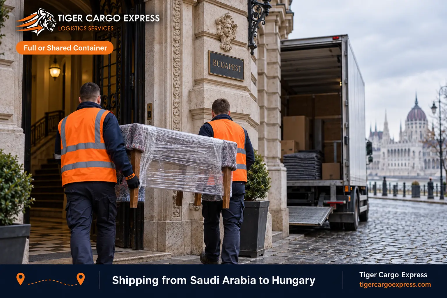Furniture moving from Saudi Arabia to Hungary with delivery at a Budapest apartment entrance