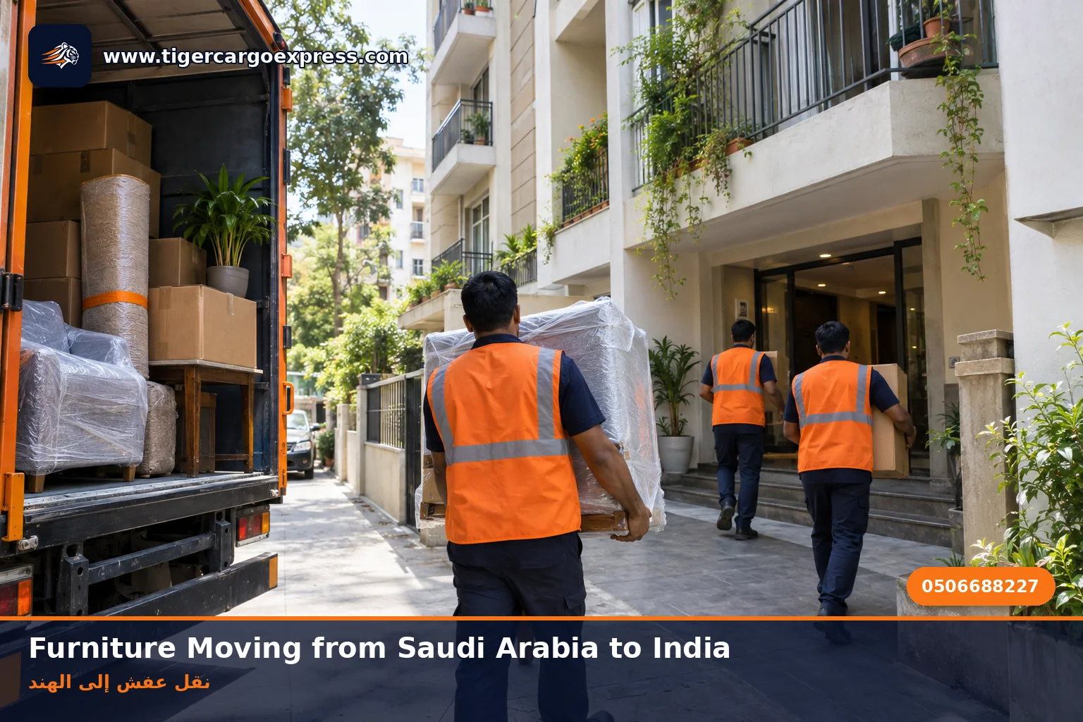 Furniture moving from Saudi Arabia to India with boxes delivered at an Indian residential building