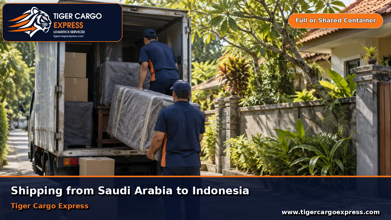 Furniture moving from Saudi Arabia to Indonesia with delivery at a tiled-roof house amid tropical greenery