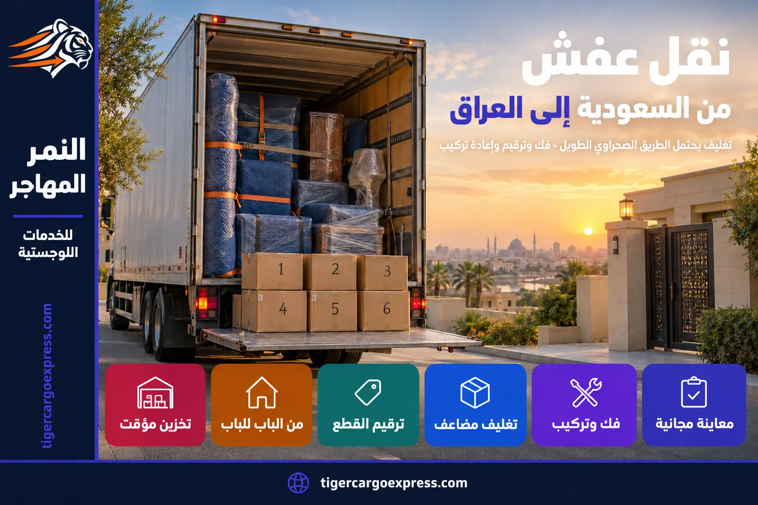 نقل عفش من السعودية إلى العراق — تحميل الأثاث في مقطورة مغلقة