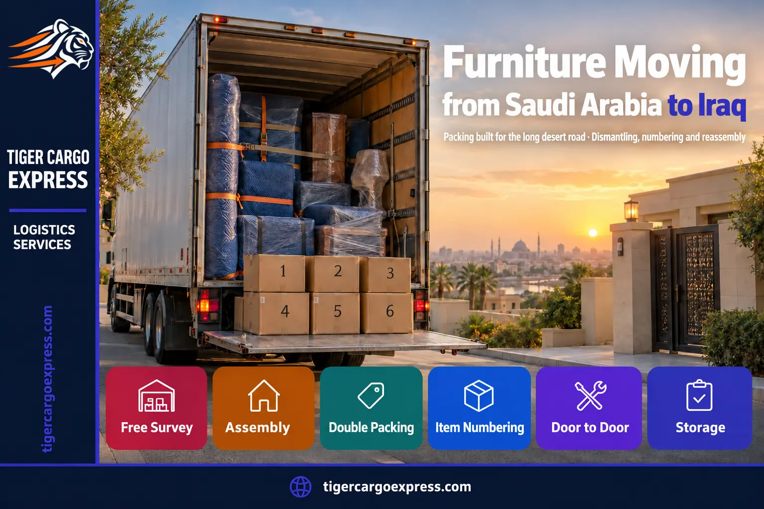 Furniture moving from Saudi Arabia to Iraq — loading into a closed trailer