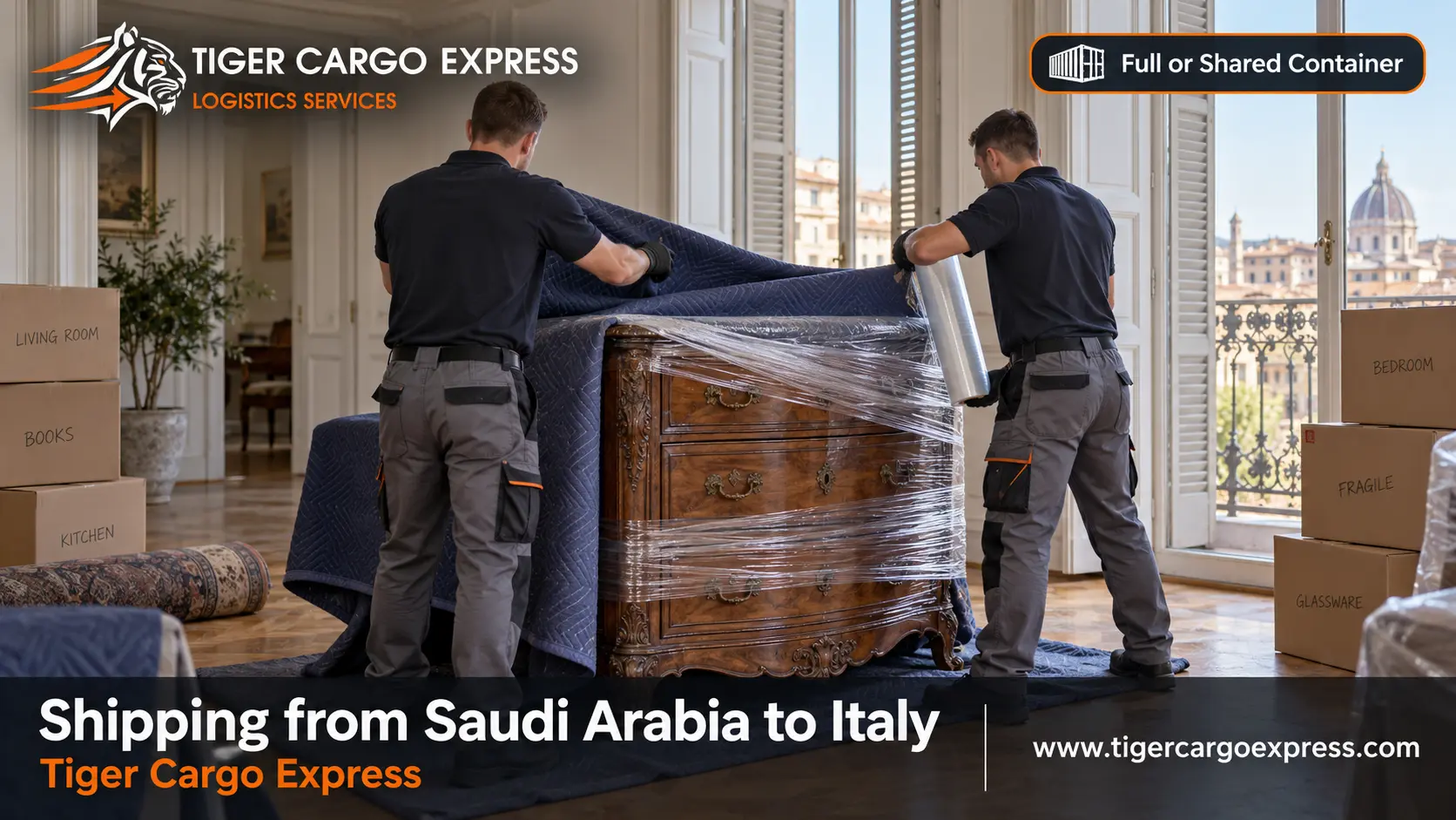 Furniture moving from Saudi Arabia to Italy with professional packing and a detailed inventory