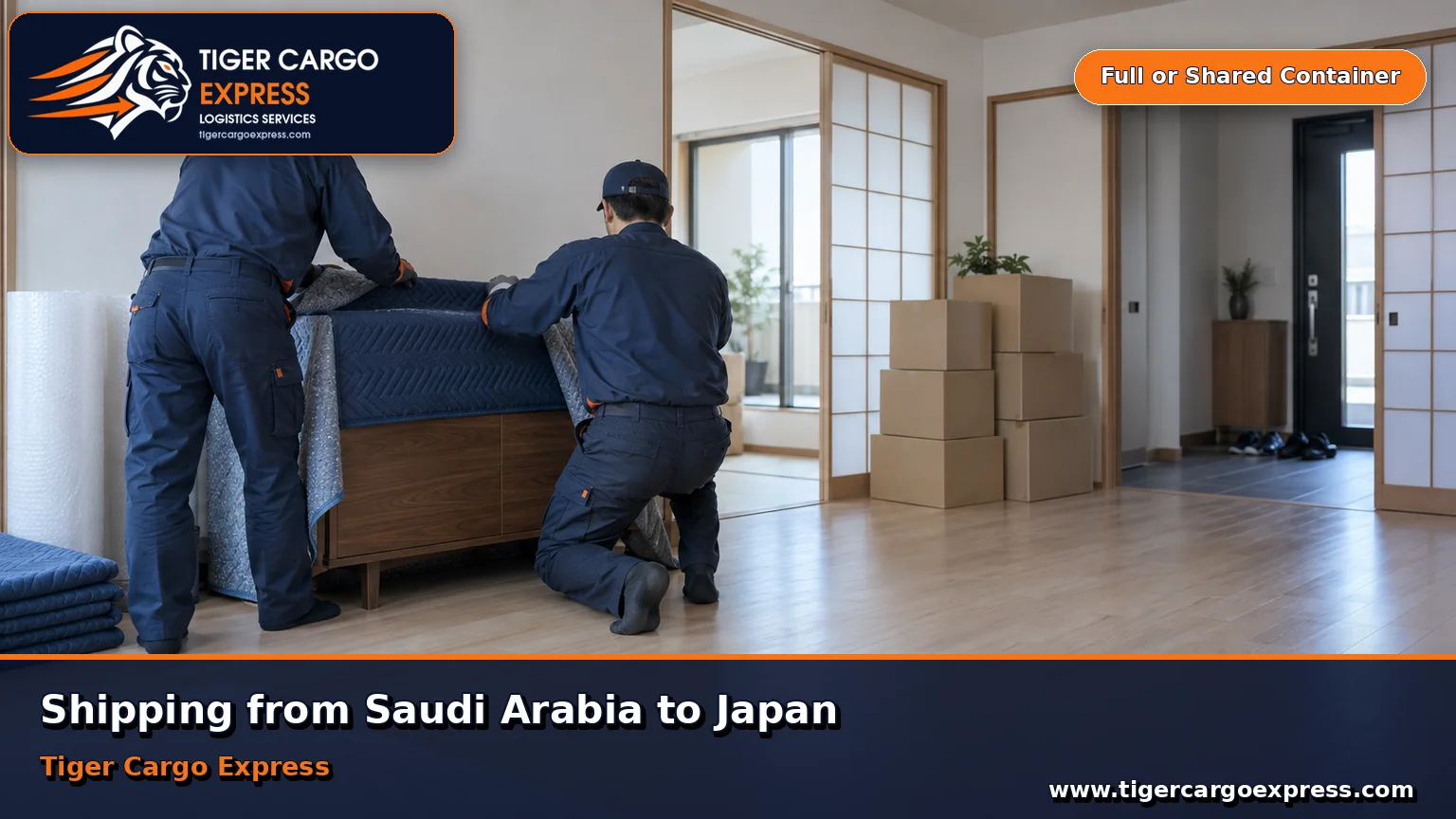 Furniture moving from Saudi Arabia to Japan with packing inside a compact apartment with pale wood floors
