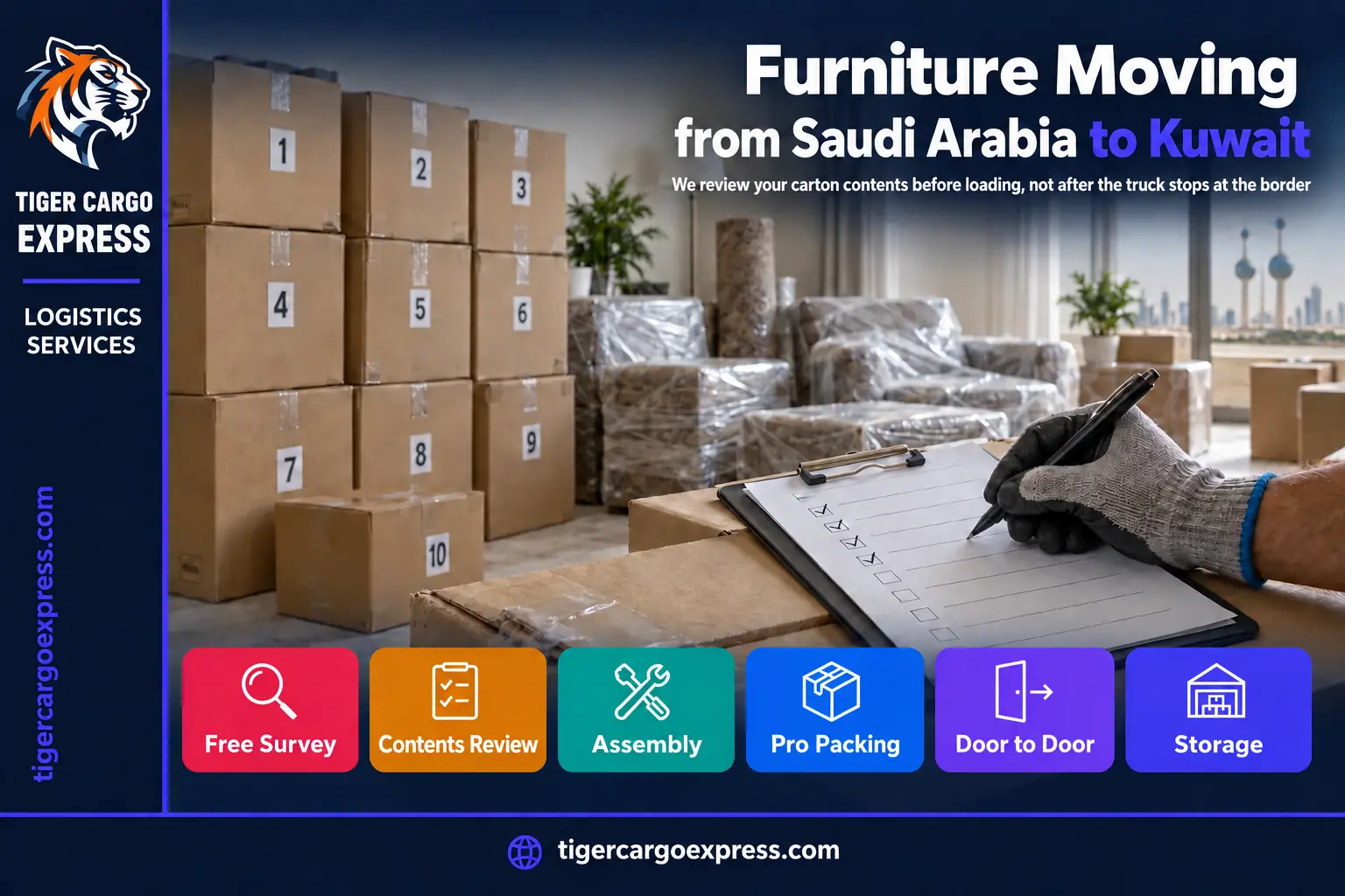 Furniture moving from Saudi Arabia to Kuwait — reviewing carton contents before loading