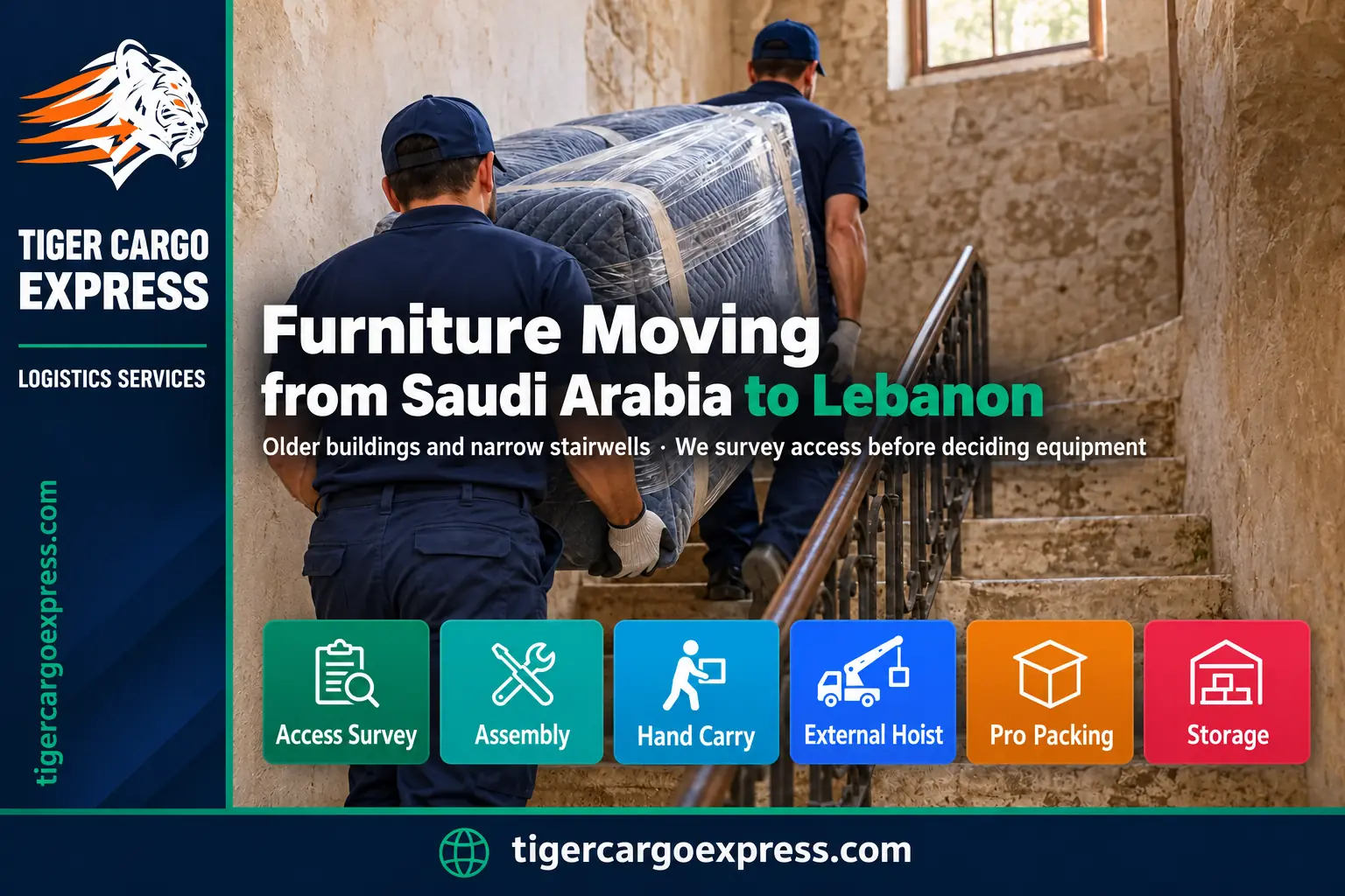 Furniture moving from Saudi Arabia to Lebanon — hand-carrying up narrow stairwells