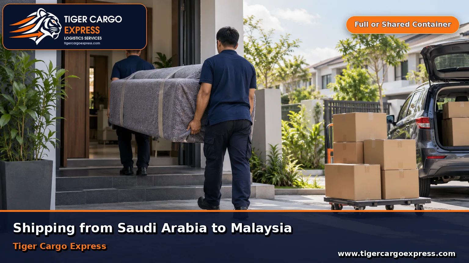 Furniture moving from Saudi Arabia to Malaysia with delivery at a modern house on a quiet suburban street
