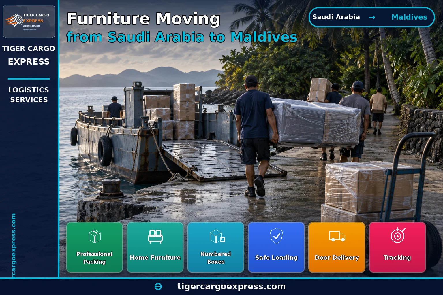 Household goods moving from Saudi Arabia to the Maldives delivered across an island jetty