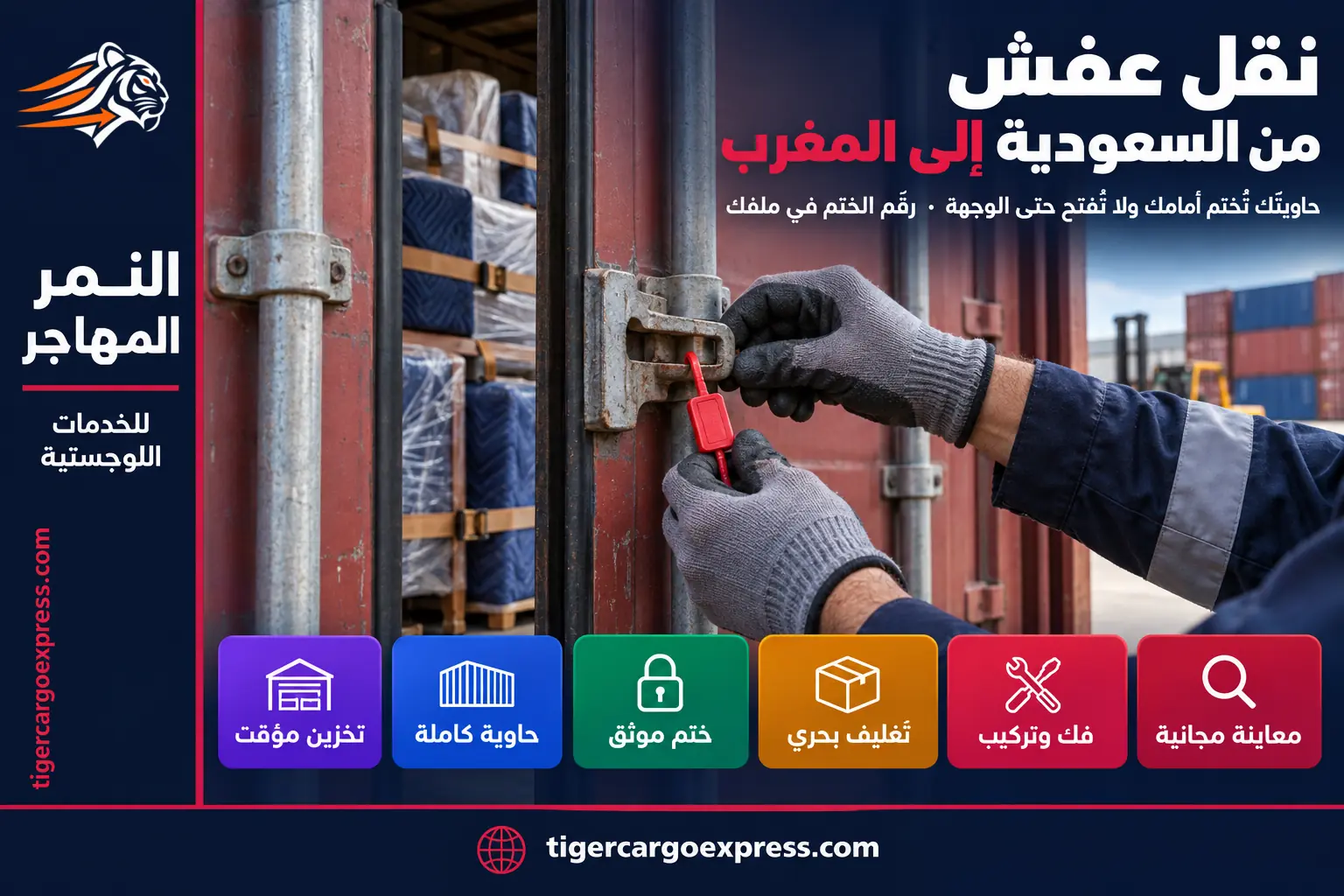 نقل عفش من السعودية إلى المغرب — ختم الحاوية وتوثيق رقمه