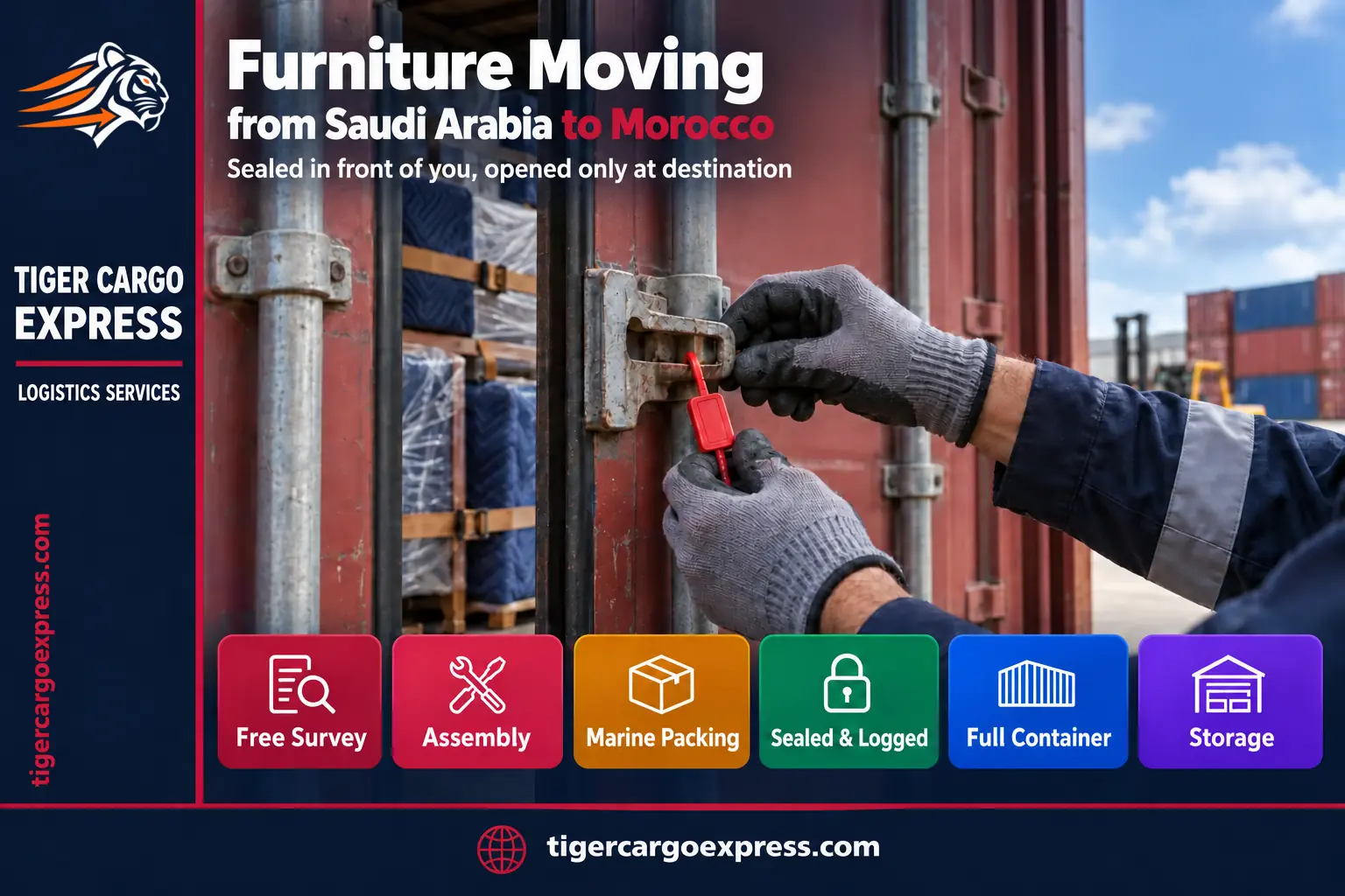 Furniture moving from Saudi Arabia to Morocco — sealing the container and logging its number