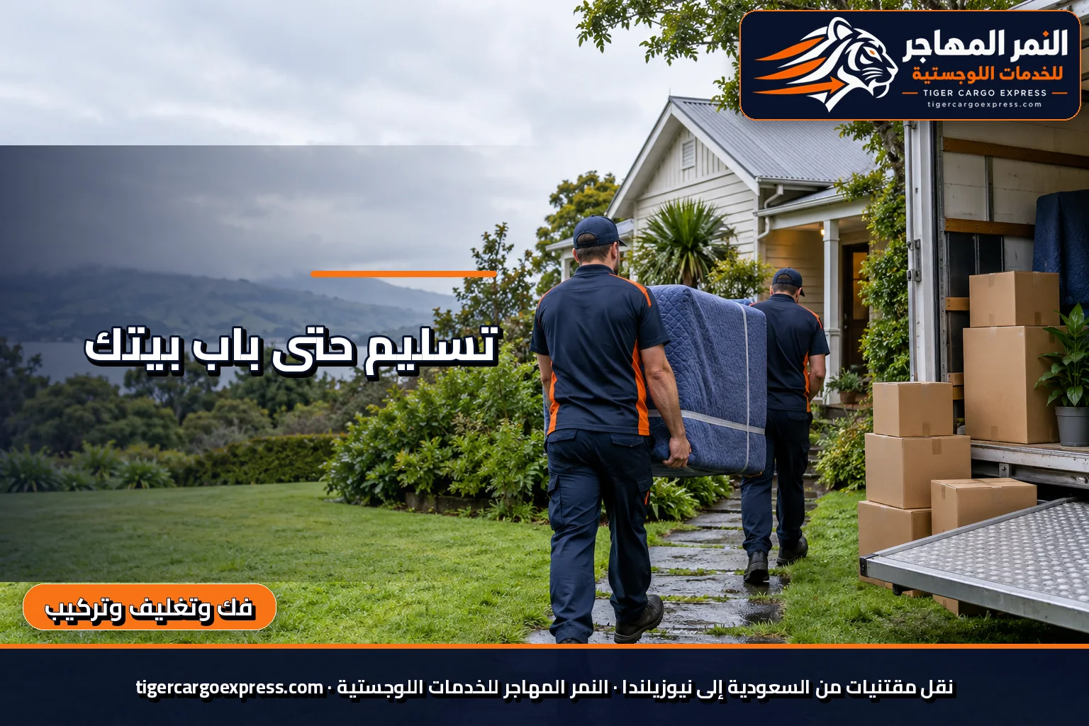 نقل مقتنيات من السعودية إلى نيوزيلندا وتسليم أمام بيت خشبي بحديقة خضراء
