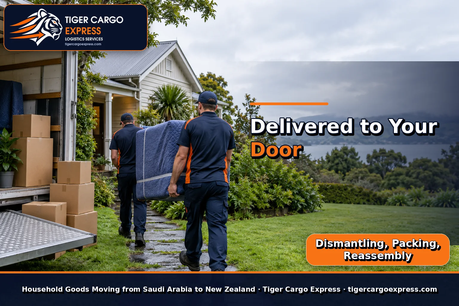 Household goods moving from Saudi Arabia to New Zealand with delivery outside a timber house and green garden