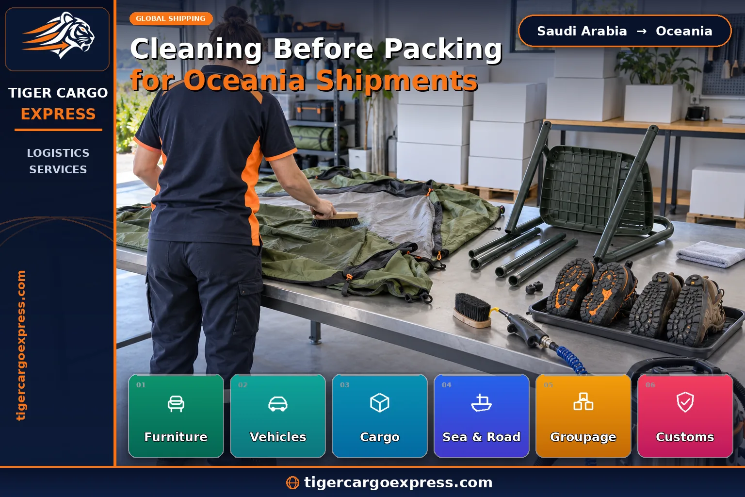 Household goods moving from Saudi Arabia to Oceania with cleaning before packing