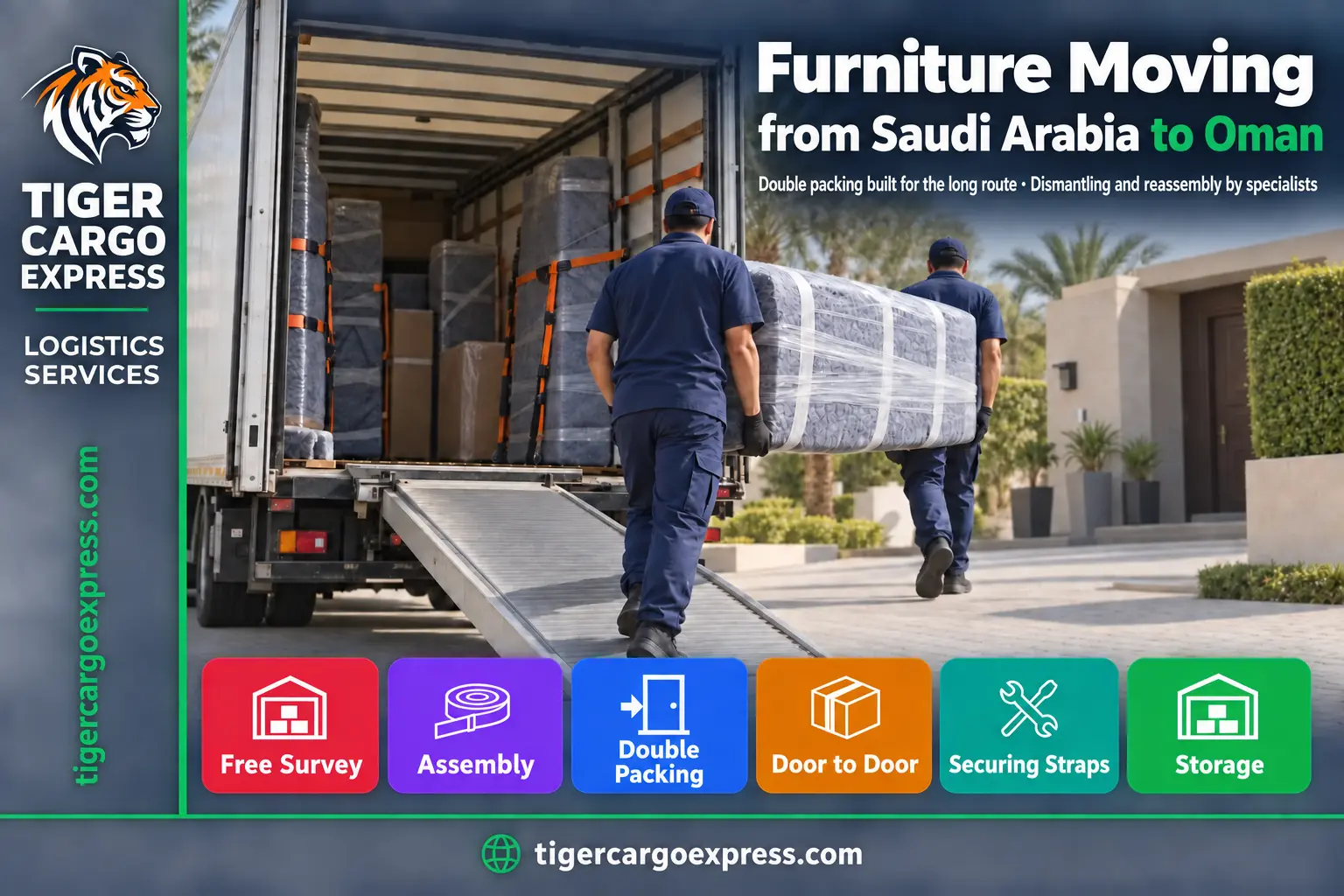 Furniture moving from Saudi Arabia to Oman — wrapped furniture loaded into a closed trailer