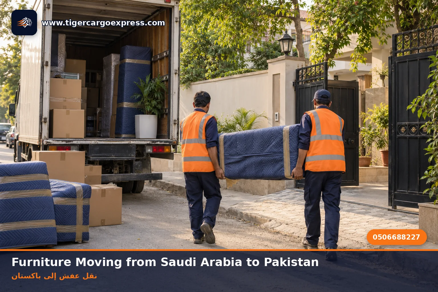Furniture moving from Saudi Arabia to Pakistan with boxes unloaded at a house in Lahore