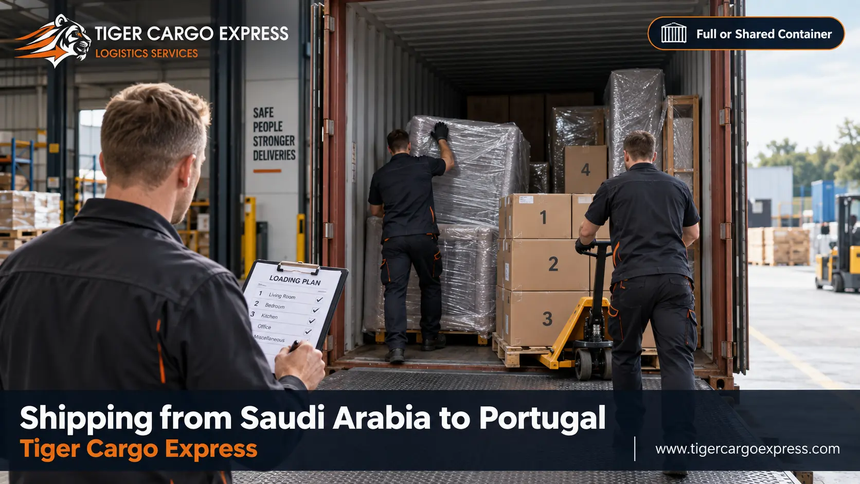 Furniture moving from Saudi Arabia to Portugal with organised loading, numbering and a batch plan