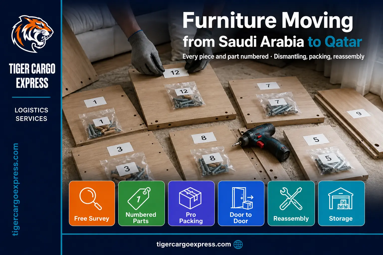 Furniture moving from Saudi Arabia to Qatar — numbering parts during dismantling