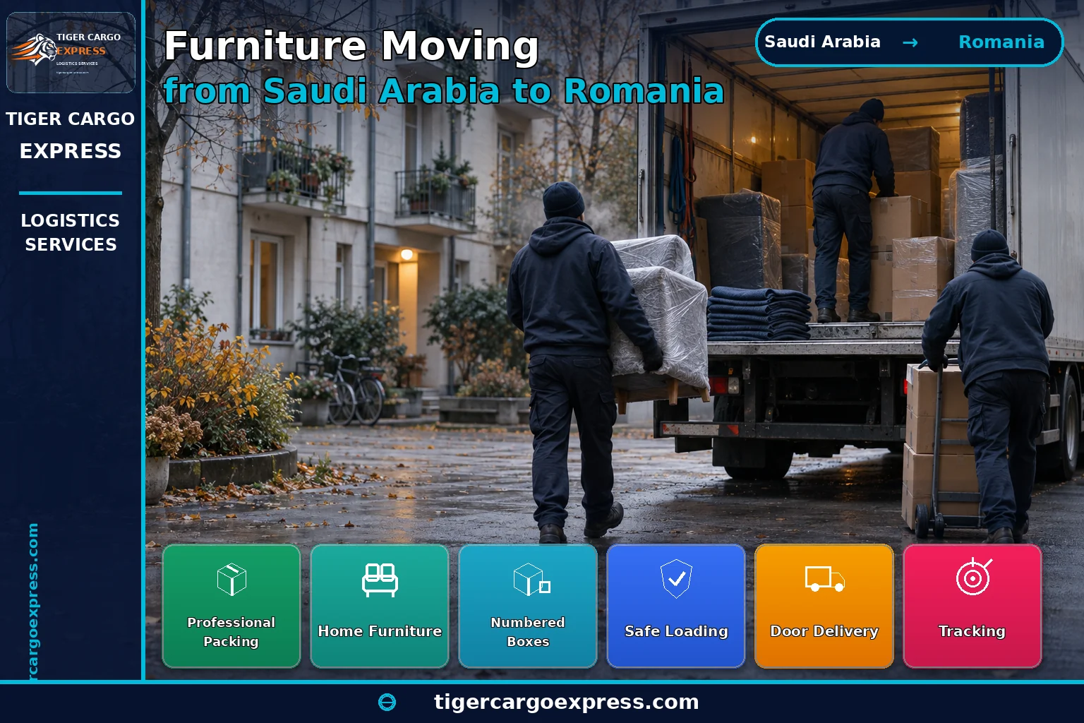 Furniture and household goods moving from Saudi Arabia to Romania delivered to a residential courtyard