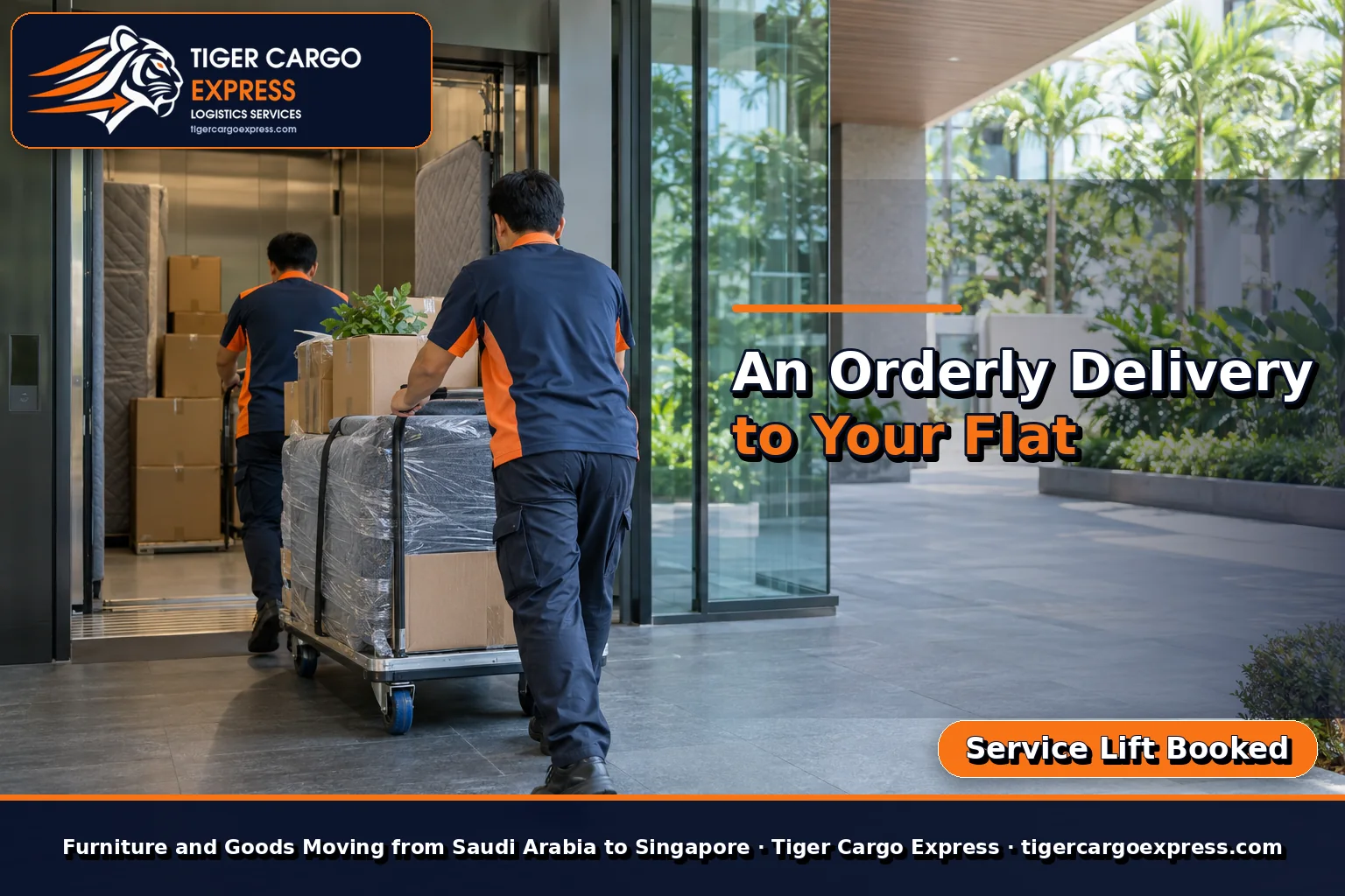 Furniture delivery at the entrance of a modern Singaporean residential building