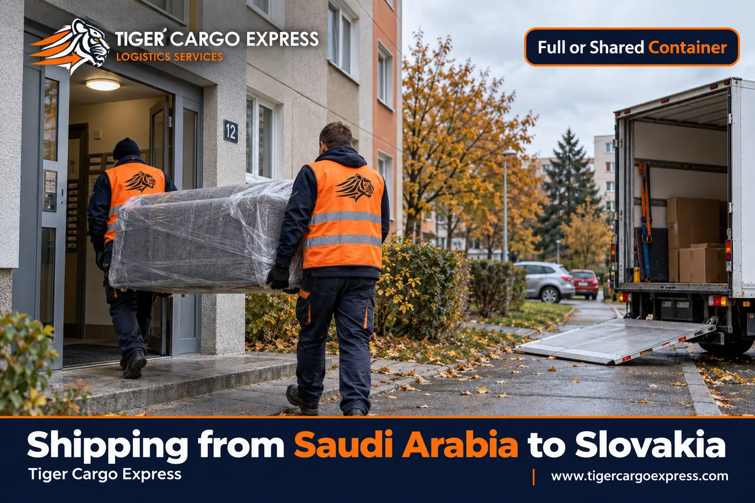 Furniture moving from Saudi Arabia to Slovakia with delivery at a Bratislava building entrance