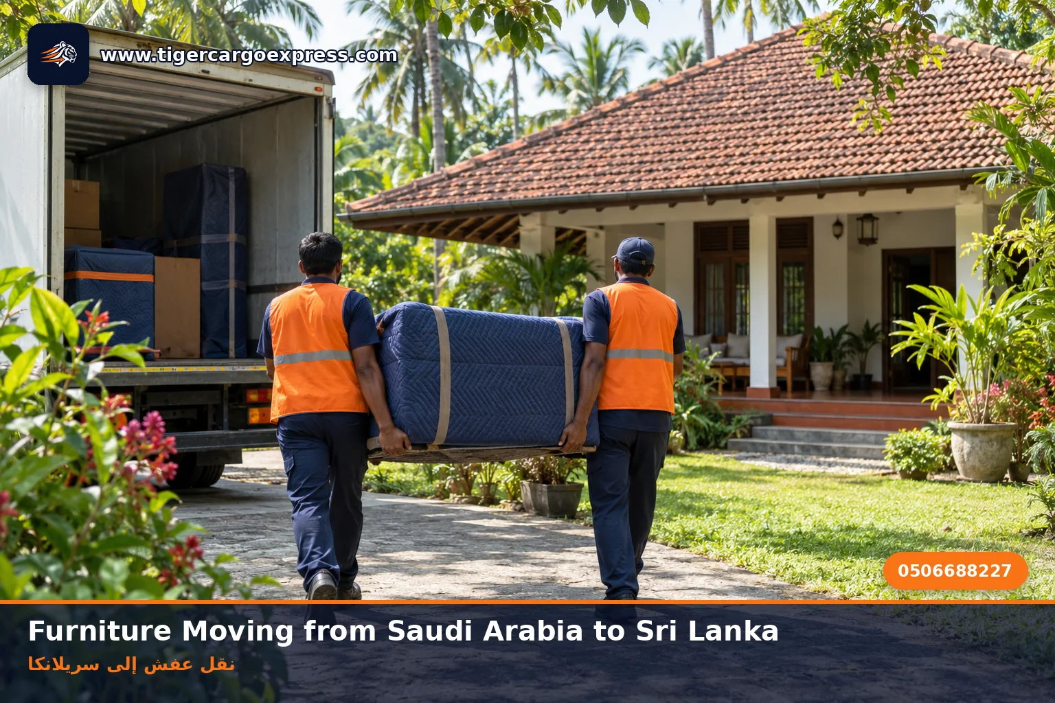 Furniture moving from Saudi Arabia to Sri Lanka with delivery at a house with a tiled roof and palm trees
