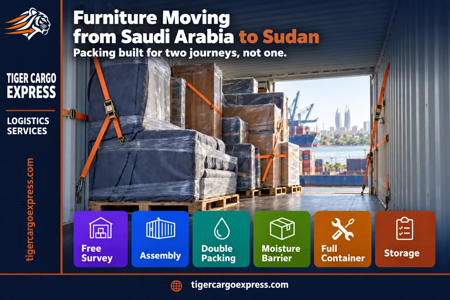 Furniture moving from Saudi Arabia to Sudan — loading and securing the container